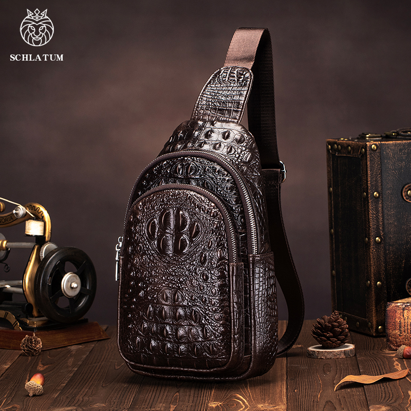 Luxury Bags Sling - SCHLATUM men's Genuine Leather vintage Crocodile