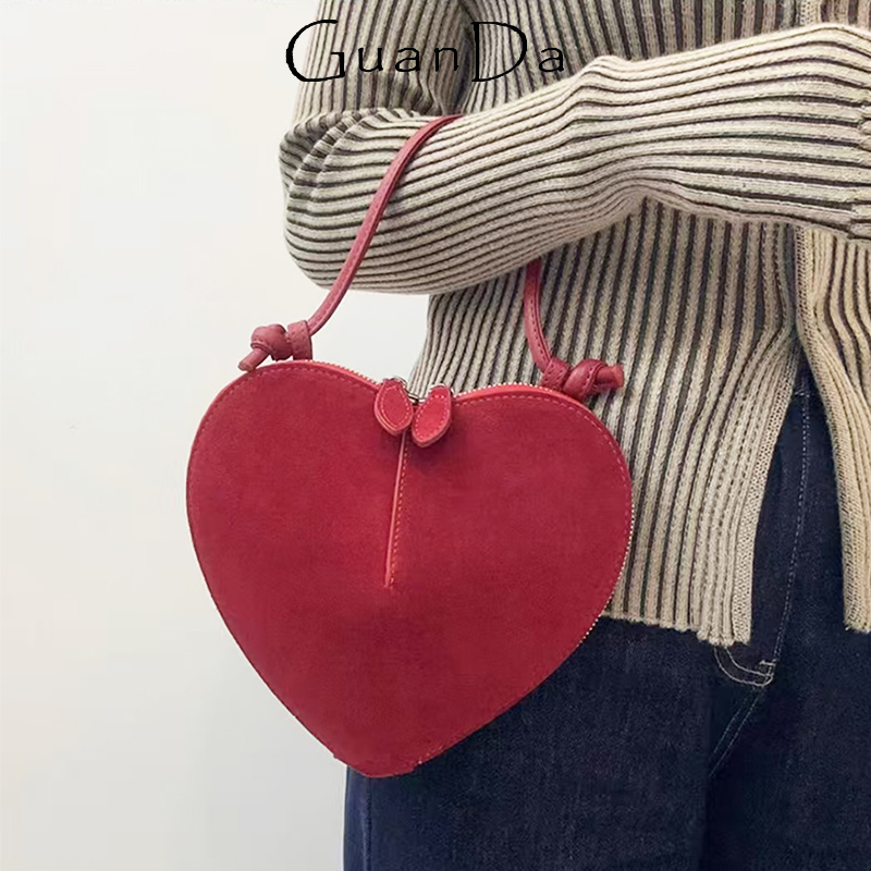 Wristlet Wallet Zipper - Luxury Cowhide Suede Leather Heart Handbag