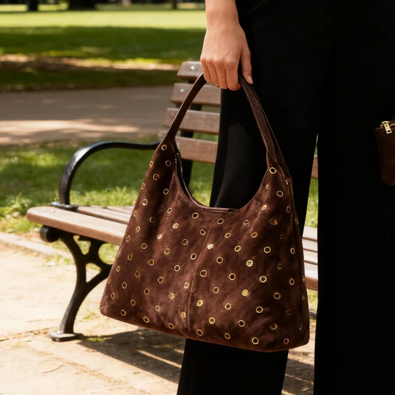 Suede Metal Studded Tote Bag w - Wristlet Wallet Zipper incelemesi ve fiyatı