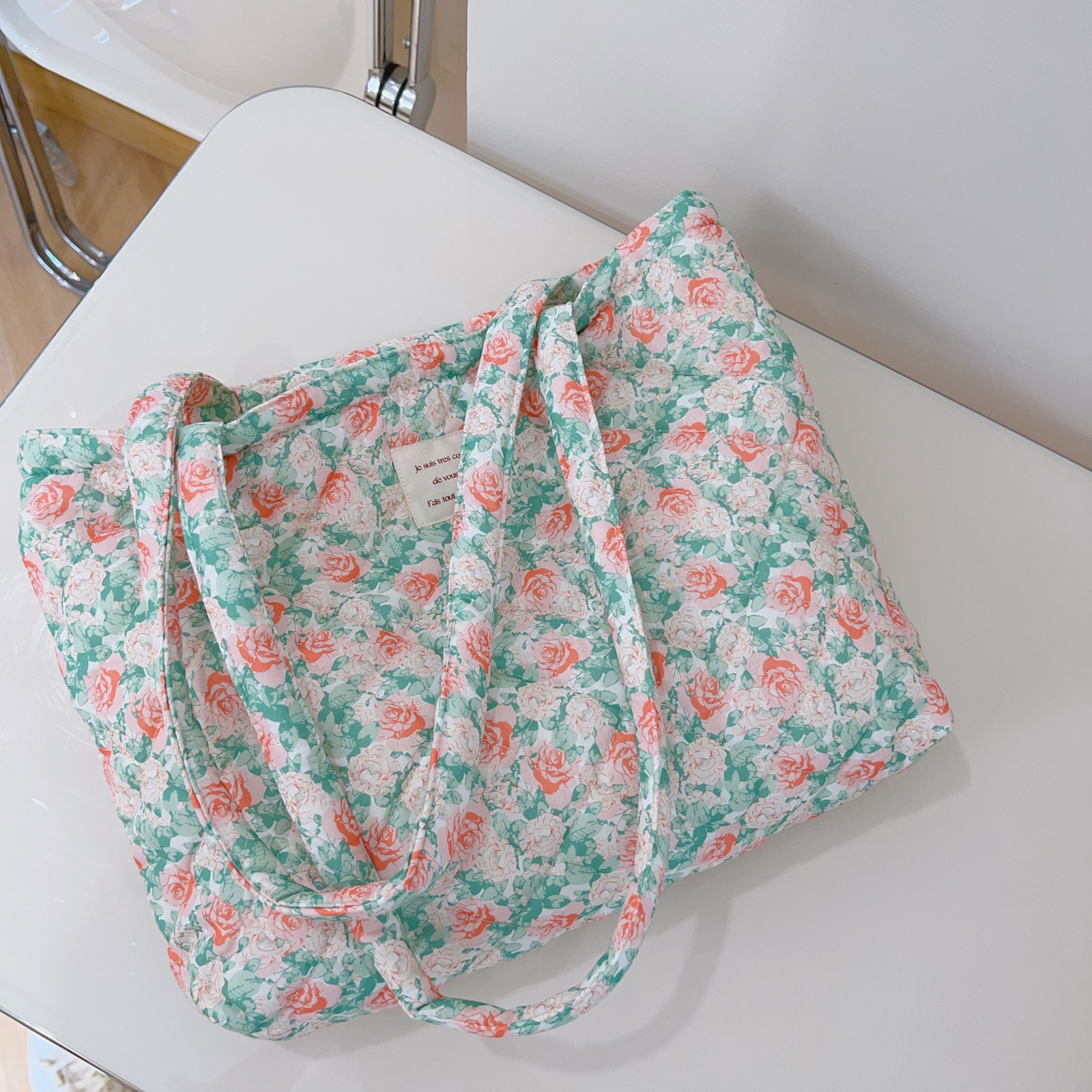 French Floral Quilted Tote Bag - Shoulder Bag Slouchy incelemesi ve fiyatı